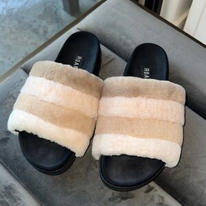 ROAM Fuzzy Sandals in Black and Cream